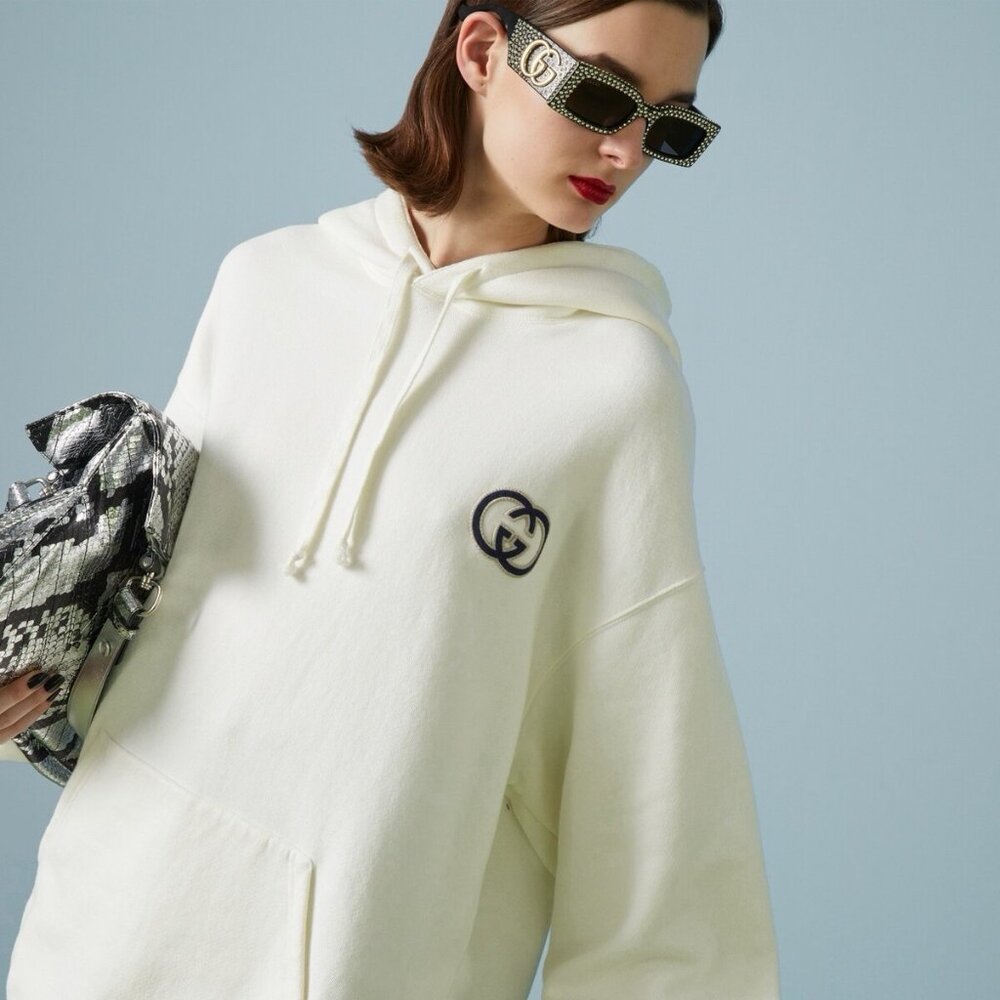 NWT Gucci Gucci GG Logo Motif Embroidered Hoodie Sz M 100% Authentic